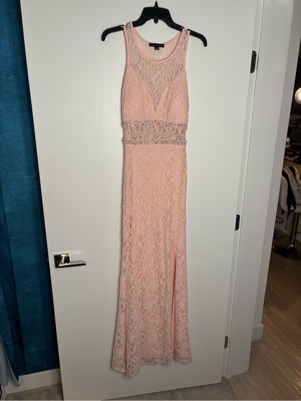 City Studio Blush Lace Maxi Dress with Beaded Waist
